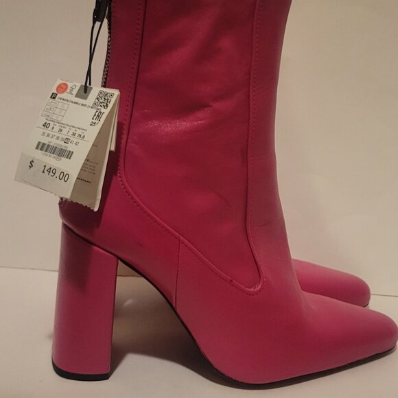 NWT ZARA 2020 HOT PINK RUNWAY COLLECTION ZIP UP HIGH HEEL LEATHER BOOTS Sz 9 - Picture 2 of 9